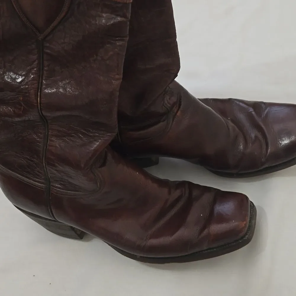 VTG Lucchese Biltrite men's Brown Leather Square Toe Cowboy‎ Boots 9.5D Western